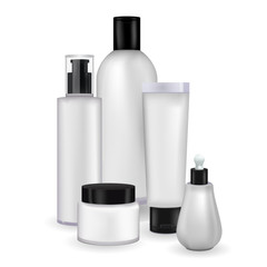 Collection of cosmetic empty tubes packaging with black plastic or metal silver cap on white background. Vector packages for cream. Blank containers template for cosmetic products design.
