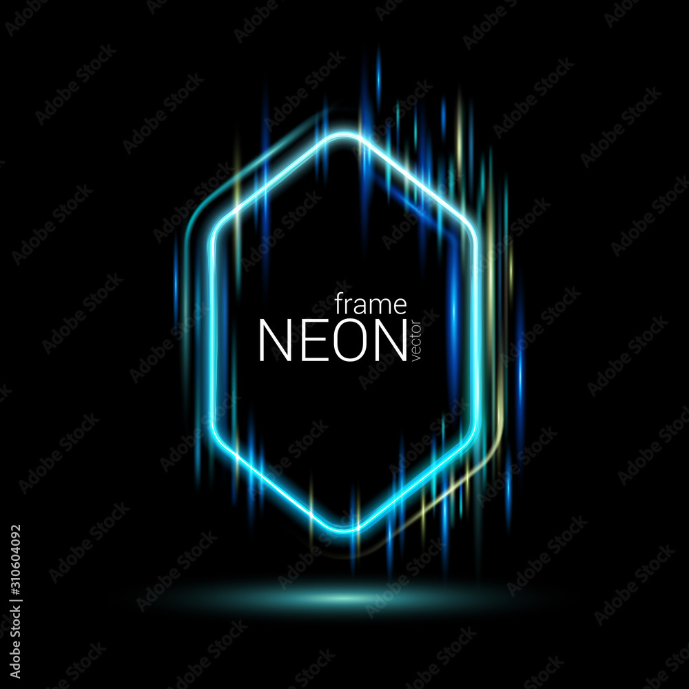 Aufkleber vector. blue hexagon neon frame on a black background. luminescent glow with rays of light, flickeri