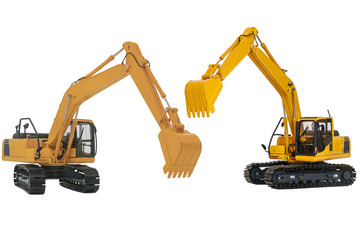 Two yellow excavator  model, machinery in heavy industry with isolated on  a white background with bucket lift up © chaphot
