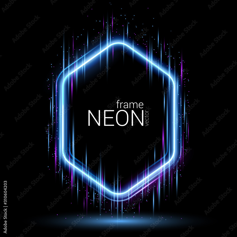 Poster vector. violet hexagon neon frame on a black background. luminescent glow with rays of light, flicke