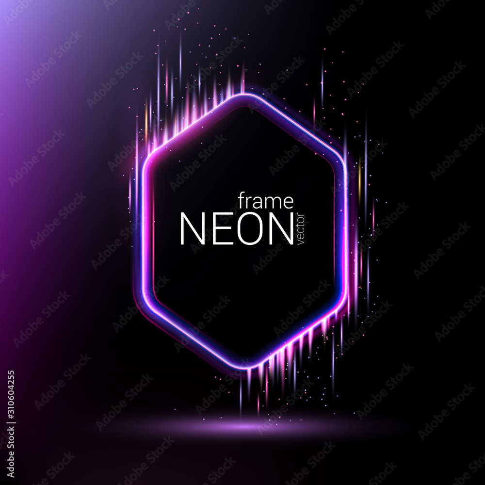 Poster purple hexagon neon frame on a black background. luminescent glow with rays of light and flickering 
