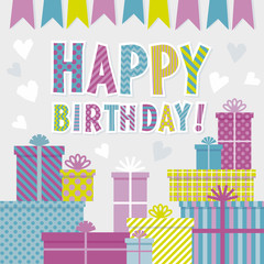 Happy birthday greeting card with gift boxes.