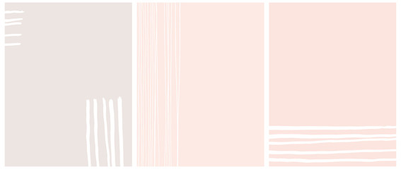 Set of 3 Abstract Vector Layouts. White Hand Drawn Stripes Isolated on a Light Gray and Pastel Pink Backgrounds. Simple Geometric Print Ideal for Cover, Layouts. Modern Freehand Striped Vector Design.