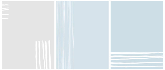Set of 3 Abstract Vector Layouts. White Hand Drawn Stripes Isolated on a Light Gray and Pastel Blue Backgrounds. Simple Geometric Print Ideal for Cover, Layouts. Modern Freehand Striped Vector Design. - obrazy, fototapety, plakaty