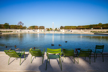 Tuileries Garden pond, Obelisk and triumphal arch, Paris, France