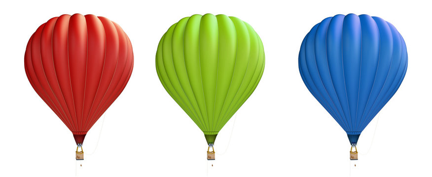 hot air balloon red, blue, green on a white background 3D illustration, 3D rendering