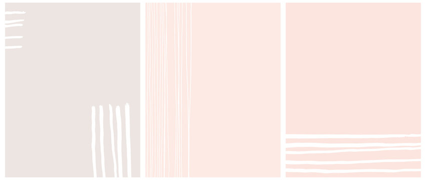 Set of 3 Abstract Vector Layouts. White Hand Drawn Stripes Isolated on a Light Gray and Pastel Pink Backgrounds. Simple Geometric Print Ideal for Cover, Layouts. Modern Freehand Striped Vector Design.