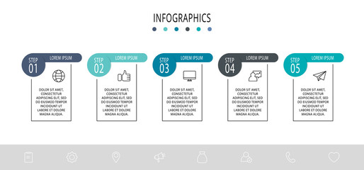 Vector infographic flat template. Circle with icons for five diagrams, graph, flowchart, timeline, workflow, web. Business concept with 5 labels