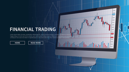 Computer with financial graph vector illustration. Financial stock trade webpage banner concept. Landing page banner template for stock exchange market graphic design.