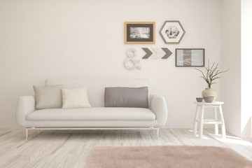 Stylish room in white color with sofa. Scandinavian interior design. 3D illustration