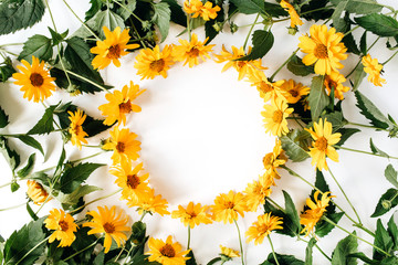 Round frame border of yellow daisy flowers on white background. Mockup blank copy space. Flat lay,...