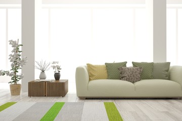 Stylish room in white color with sofa. Scandinavian interior design. 3D illustration