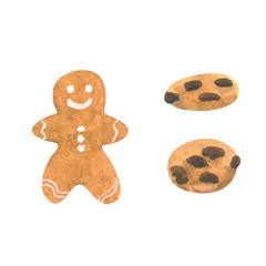 Fototapeta premium Illustration of cute watercolor gingerbread. Chocolate chip cookies. Christmas gingerbread cookies. Hand drawn watercolor painting isolated on white background.