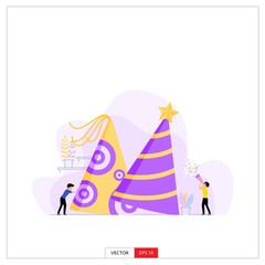 two men are decorating two giant hats for the 2020 new year celebration. Vector illustration flat design style.