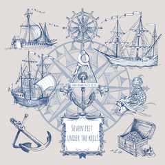 Set of decorative elements for the design of an old geographical map. Ancient caravel, sea monsters, anchor, ship's wheel, compass-meter, wind rose, framework for inscriptions, cartouche.