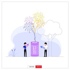 two men celebrating New Year's Eve by lighting fireworks. Vector illustration flat design style.
