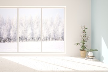 Mock up of empty room in white color with winter landscape in window. Scandinavian interior design. 3D illustration