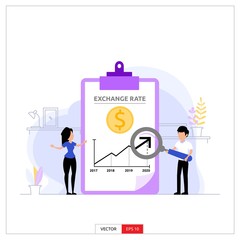 men and women are researching the growth of currency exchange rates that grow upward, on the clipboard and magnifying glass. Vector illustration flat design style.