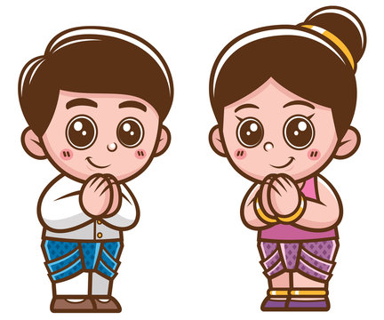 Vector illustration of Cartoon Thai kids, Sawasdee
