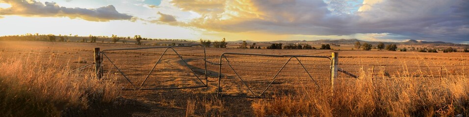 Panoramic views of dry, drought stricken farm land through old steel locked farm gates on a hot...
