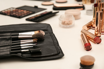 Professional makeup artists workplace with tools and cosmetic