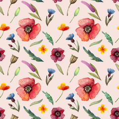 poppies flowers watercolor floral wrapping background seamless pattern