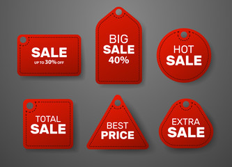 Sale vector set of red sale tags hanging. Realistic style . Extra, big, best, hot, total sale sign or stickers. Vector