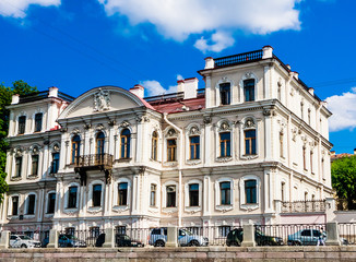 Fototapeta na wymiar The Countess's Mansion Karlova. Memorial Library of Prince Golitsyn. City Library named after Mayakovsky. Building on the Fontanka Embankment. St. Petersburg, Russia