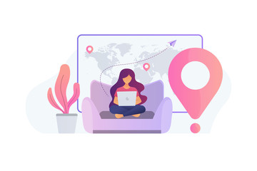 A beautiful girl sitting in a sofa works on the laptop. Freelancer or remote worker concept. Vector flat illustration