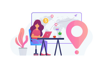 Beautiful girl sitting in a chair works on the laptop. Remote worker concept. Vector flat illustration