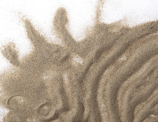 Sand pile isolated on white background and texture, with clipping path, top view