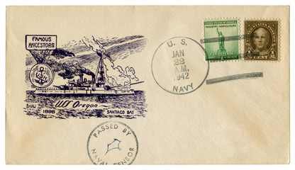 The USA - 22 January 1942: US historical envelope: cover with a navy cachet Famous ancestors, USS Oregon, 1898, Santiago bay, passed by naval censor
