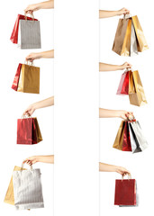 Collage of women holding paper shopping bags on white background, closeup