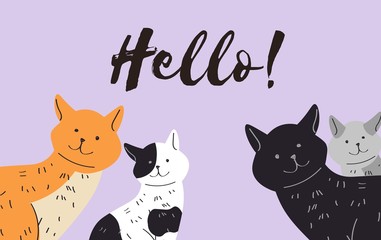 Hello cat text card vector illustration funny style cats characters welcome poster