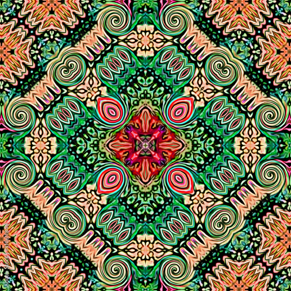 Poster seamless raster pattern in oriental style psychedelic mosaic pattern for wallpaper, backgrounds, dec
