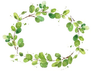 Fototapeta premium Wreath of twigs. Vector watercolor illustration, frame of green leaves