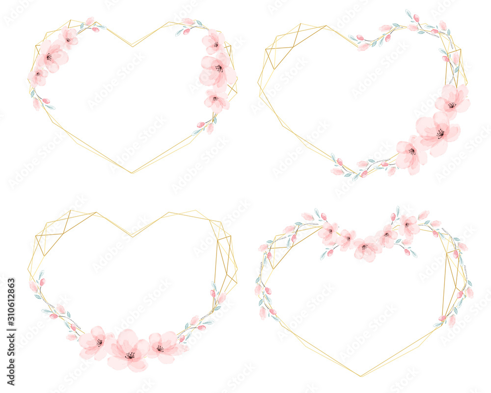 Wall mural watercolor cherry blossom heart golden wreath frame for valentine banner