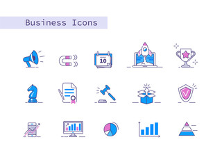 Business and Finance Icons Set. Graphs, Charts, Marketing Strategy and other Business Metaphor. Analysis and Strategy Symbols. Corporate Signs Collection. Flat Line Cartoon Vector Illustration.