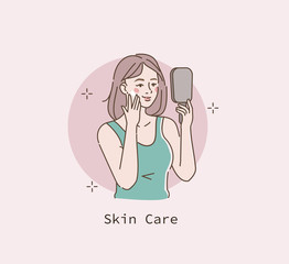 Beauty Girl Looking in Cosmetic Mirror. Woman Taking Care of her Face Skin and Using Moisturizing  Facial Cream or Serum. Skin Care Routine and Hygiene Concept. Flat Cartoon Vector Illustration.
