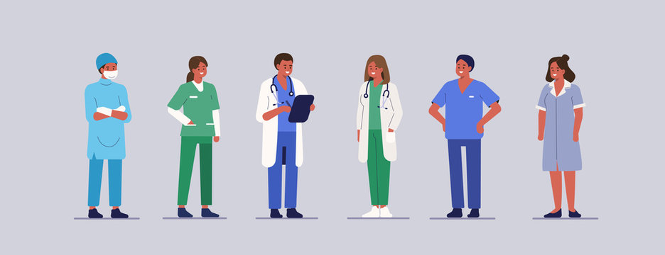 People characters work in Hospital. Nurse, Doctor Therapist, Surgeon and Other Medical Staff Standing Together. Male and Female Medical Characters Set. Flat Cartoon Vector Illustration. 