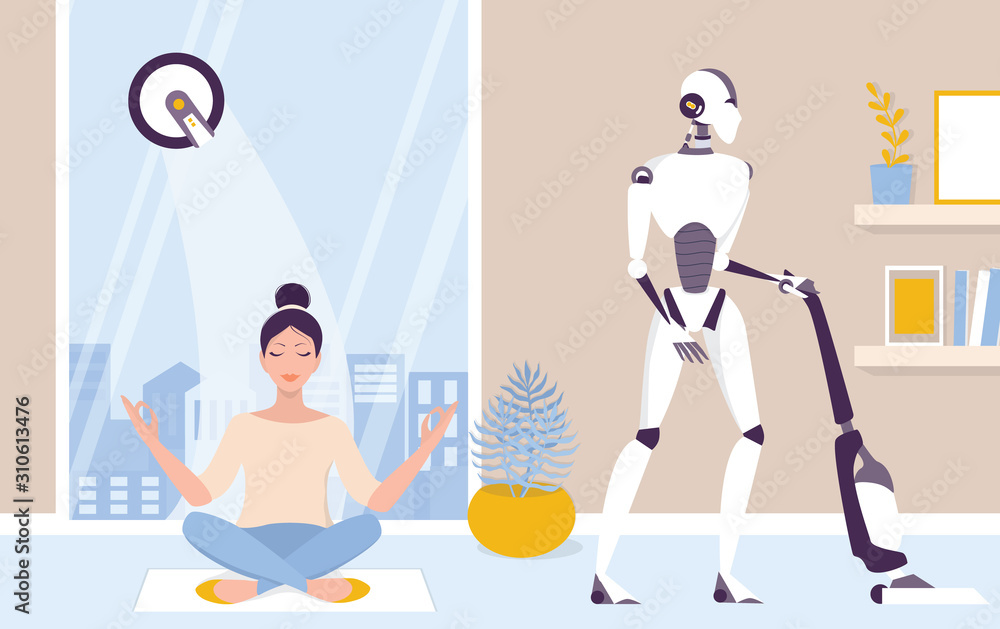 Poster robot doing housework. robotic housekeeping. robot doing home cleanup