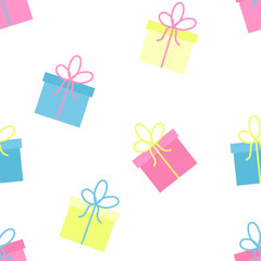 Seamless pattern of gift boxes. Vector cartoon background. Flat design.