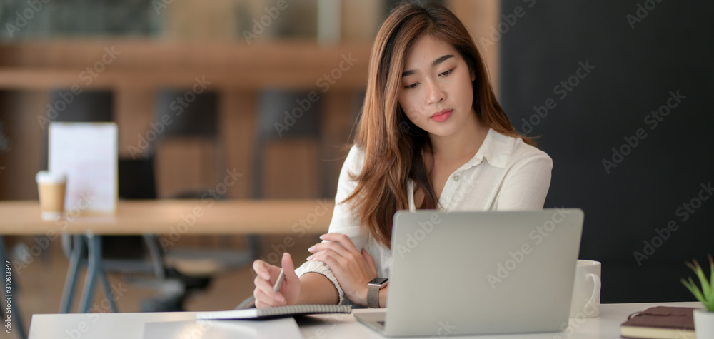 Wall mural young professional businesswoman working on her project with laptop