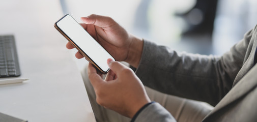 Cropped shot of young businessman using blank screen smartphone