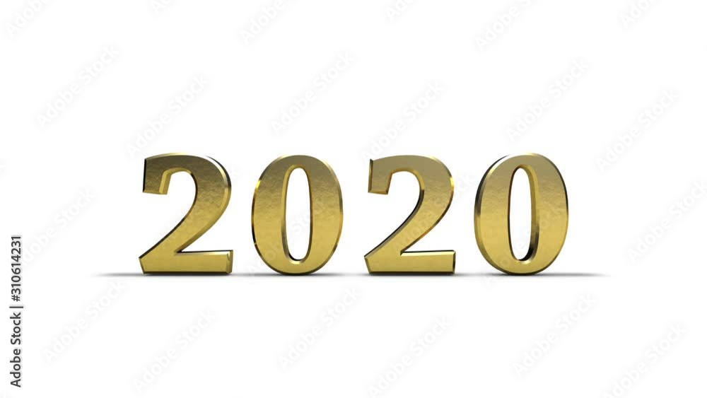 Poster 3d animation of the 2019 date from golden symbols that rotate and change to the 2020 new year date.