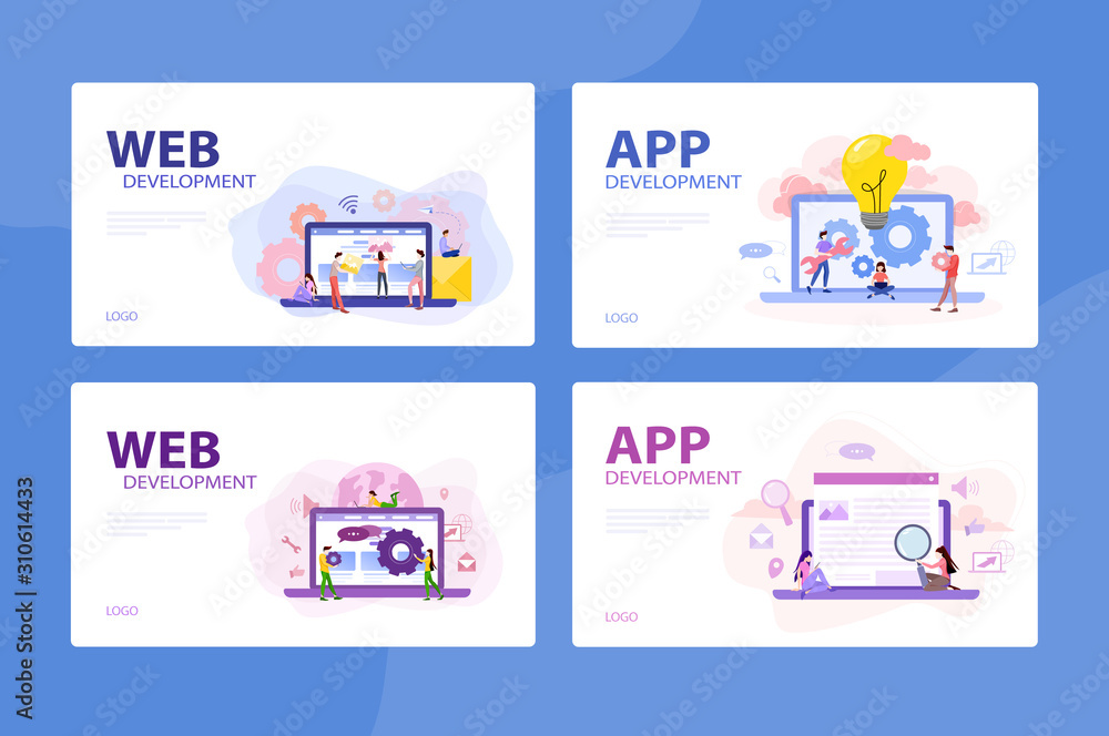 Aufkleber mobile app and web development banner concept set.
