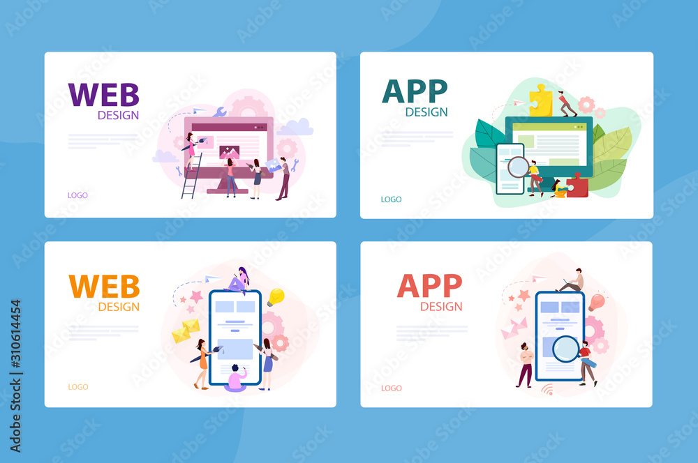 Poster mobile app and web development banner concept set.