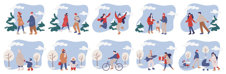 Set of isolated vector illustration of people wearing warm winter clothes.