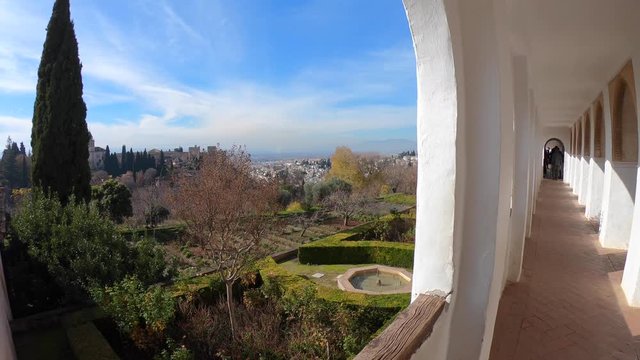 Tilt shot of views of the Alhambra from a Generalife tower. Granada, Andalusia, Spain. 4K shot.