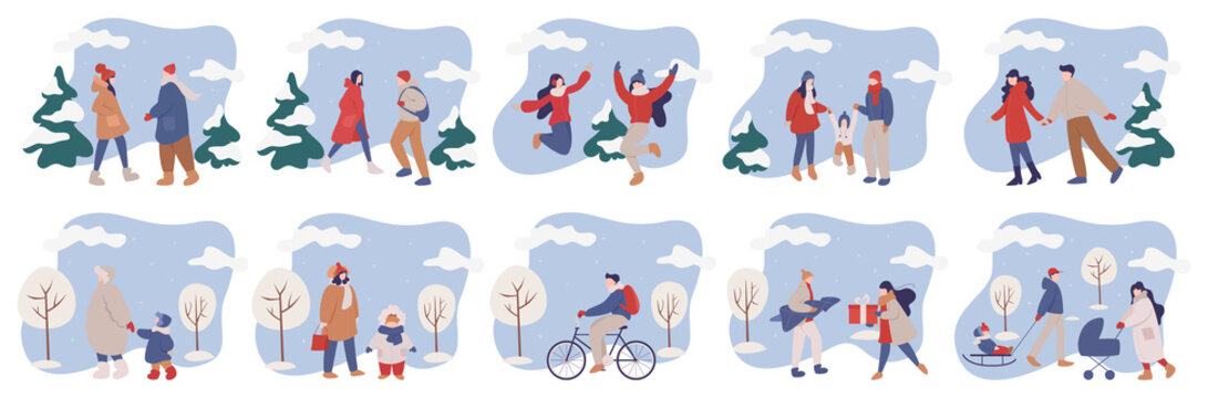 Set Of Isolated Vector Illustration Of People Wearing Warm Winter Clothes.